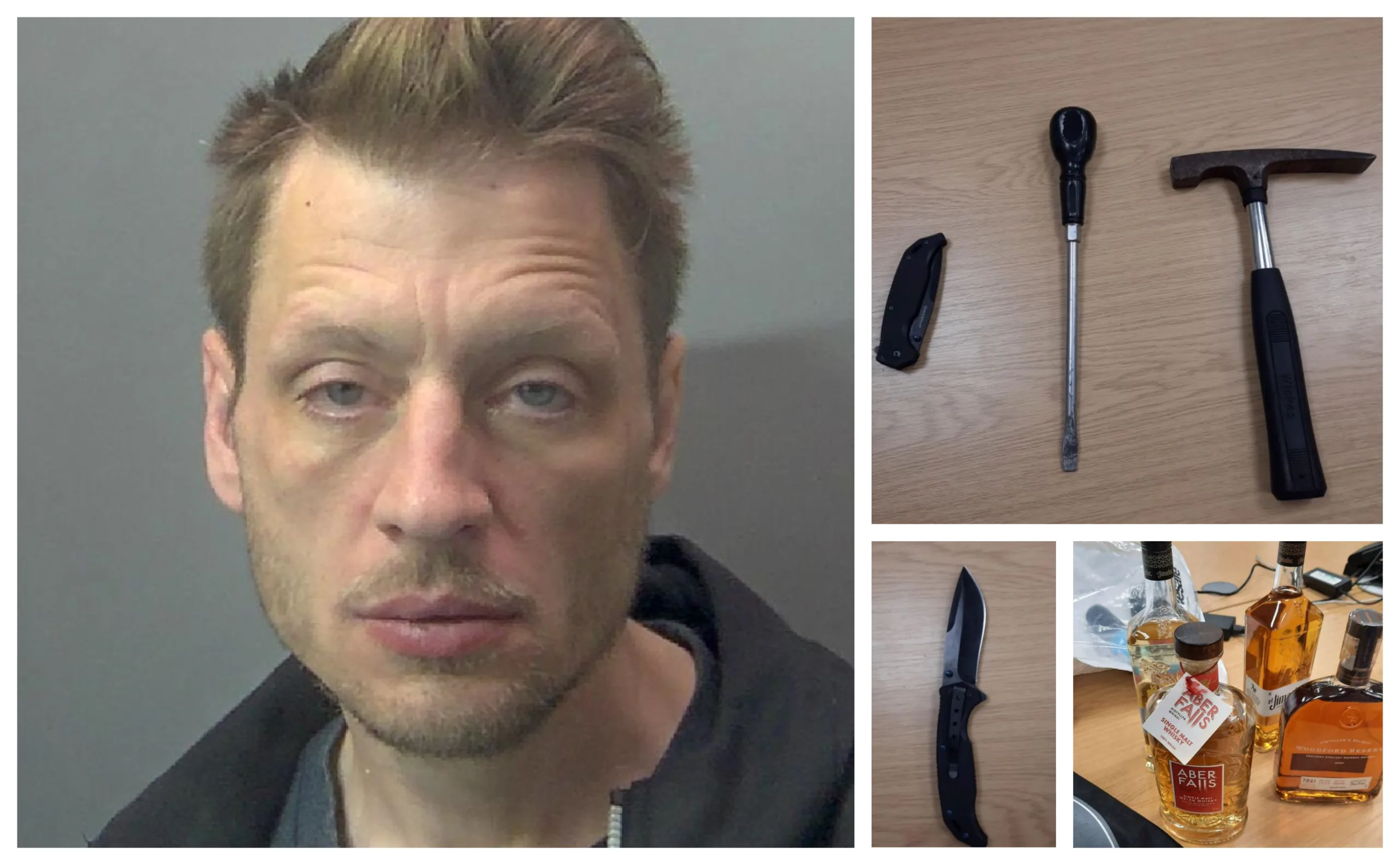 Stephen Whittington, 41, broke into the Granary, in Ham Lane, Peterborough but was caught by police. He dropped a bag containing a hammer, screwdriver and four bottles of spirits and had a knife in his pocket.