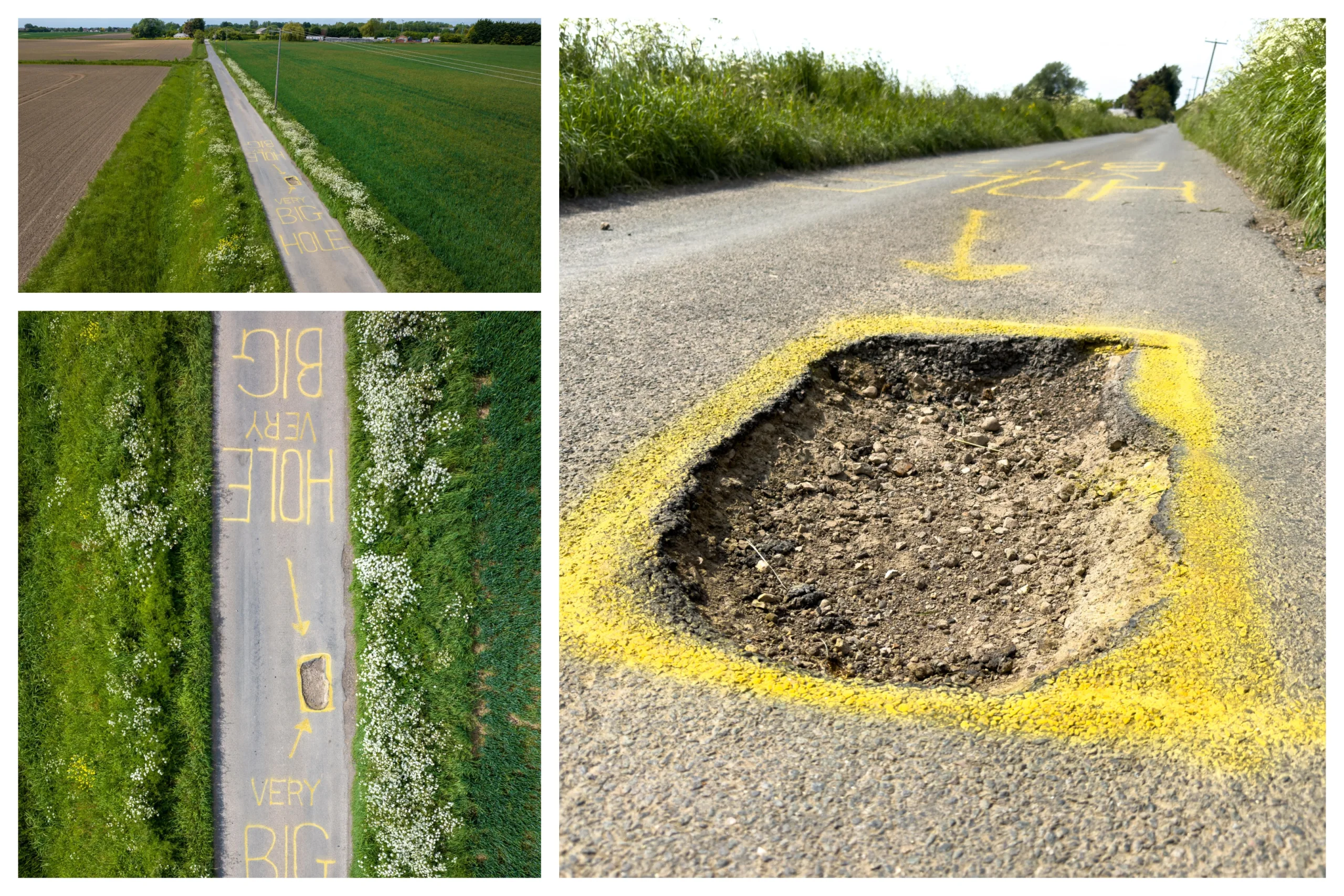 The artistic touch to draw attention to the pothole has appeared at Murrow near Wisbech and could be there for a while. PHOTO: Terry Harris for CambsNews