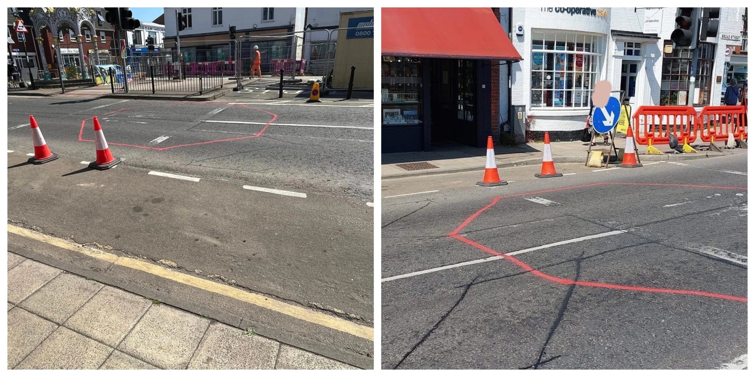 Official photo by Fenland Council (left) showing new position of March Fountain. On the right is the photo produced by Malletts jewellers which they claim shows the true horror of relocating it outside their shop.