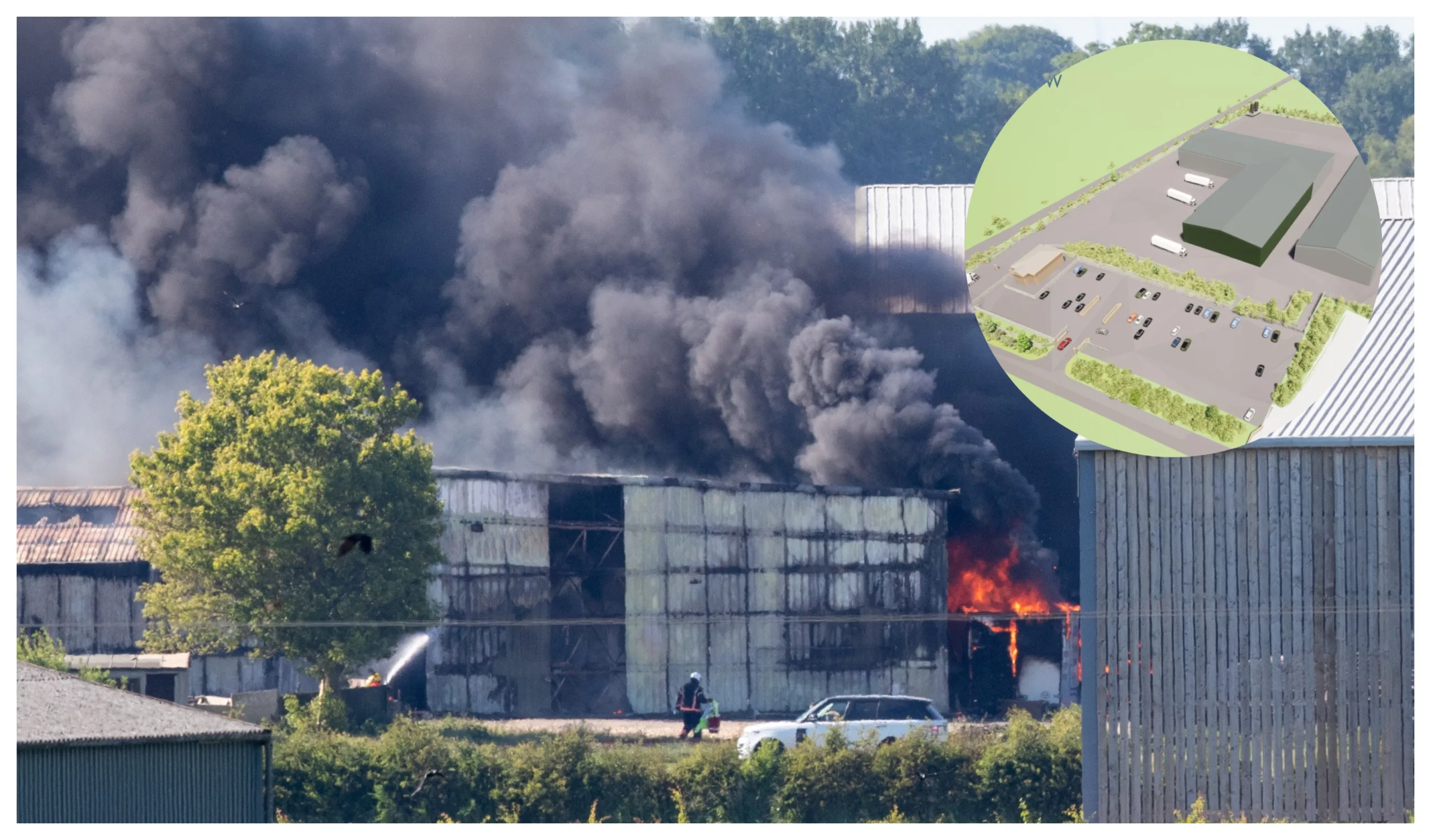 Flashback to the fire in May 2020 with (inset) concept by Corkers of new factory planned for the site at Willow Farm near Ely.