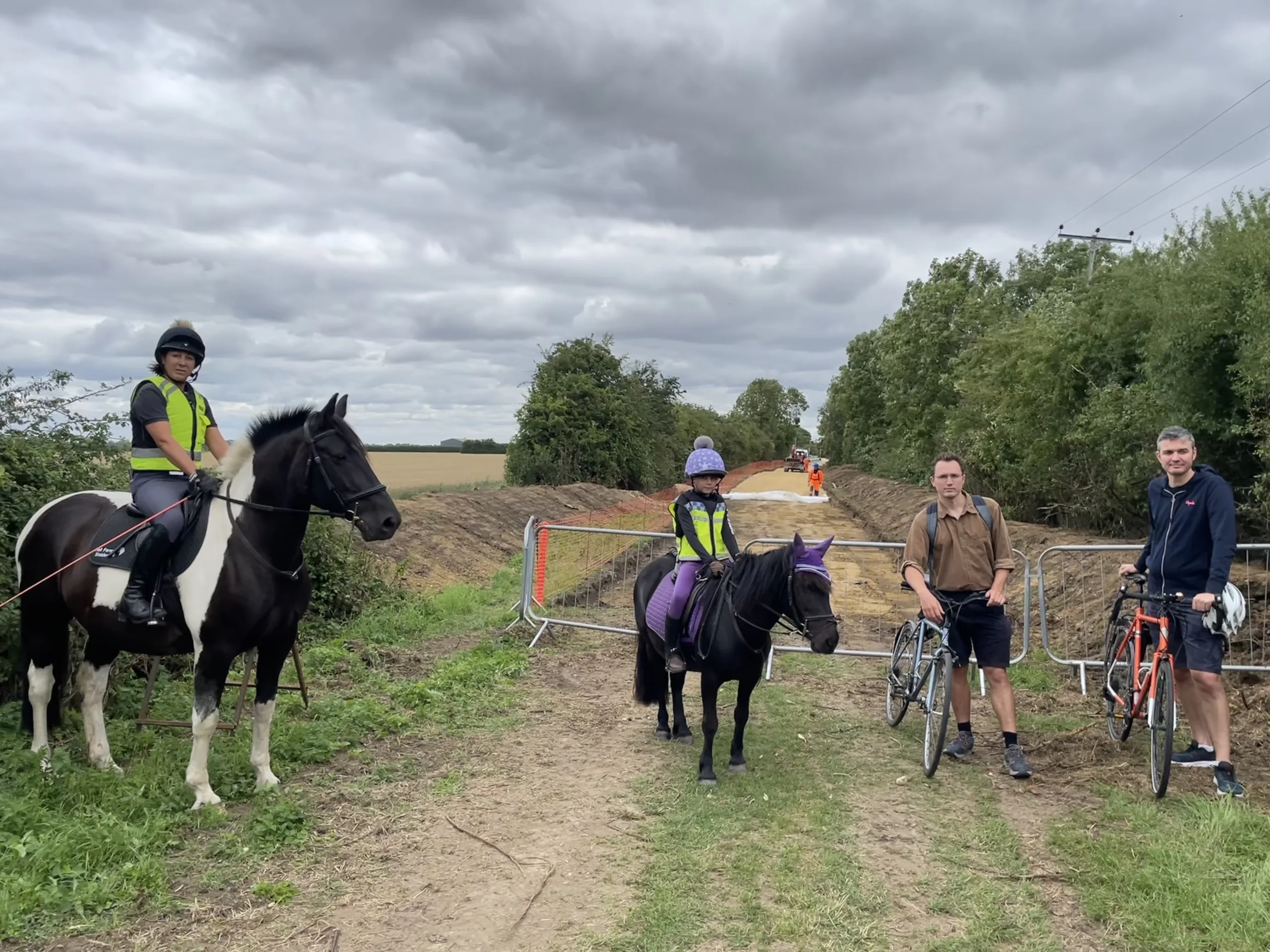 The photos show the works north of Butt Lane and the narrower section south of Butt Lane where trees are already being cleared. Those featured are Tessa Frost of Hall Farm Stables in Waterbeach on Bea and Violet Frost on Moppet. Josh Grantham (brown shirt) is the Infrastructure Campaigner for Camcycle and Gabriel Bienzobas (pictured in the north photo) is a Camcycle trustee and lead of Milton Cycling Campaign.