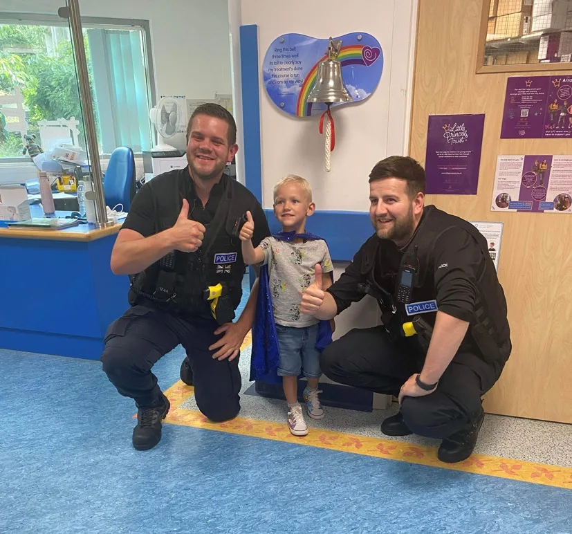 Police surprise Max as he is discharged from Addenbrooke’s Hospital after life saving treatment for cancer. 